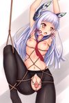  arms_up bdsm blush bondage bound breasts clitoris dilation_belt kantai_collection kishimen long_hair murakumo_(kantai_collection) navel nipples open_mouth orange_eyes pantyhose purple_hair pussy rope sailor_collar shibari small_breasts solo spread_pussy torn_clothes torn_legwear uncensored 