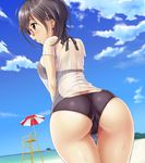  ass beach beach_umbrella black_hair black_swimsuit blue_sky blush breasts brown_eyes casual_one-piece_swimsuit chestnut_mouth cloud cloudy_sky day dutch_angle from_behind game_cg glasses hair_ornament highres horizon large_breasts legs_together lifeguard_chair looking_to_the_side mole mole_under_mouth nishizono_suzune ocean one-piece_swimsuit open_mouth oshirikko_venus oshirikko_venus_2 outdoors red-framed_eyewear see-through see-through_silhouette semi-rimless_eyewear shirt short_hair short_sleeves skin_tight sky solo standing swimsuit swimsuit_under_clothes thigh_gap toma_(asagayatei) trefoil umbrella under-rim_eyewear wet wet_clothes wet_shirt white_shirt x_hair_ornament 