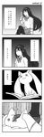  4koma akemi_homura bad_id bad_pixiv_id black_hair black_legwear bow comic greyscale hairband highres kyubey long_hair mahou_shoujo_madoka_magica monochrome notori_d pantyhose school_uniform signature stepping translated 