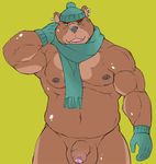  anthro balls bear belly biceps chubby ear_piercing flaccid gloves green_eyes grizzly_bear hat looking_at_viewer male mammal musclegut muscles overcross pecs penis piercing plain_background scarf solo thick_penis uncut 