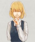  blonde_hair closed_eyes finger_to_mouth hair_ornament hairclip izumi_(izumiya) school_uniform short_hair solo tamako_market tokiwa_midori 