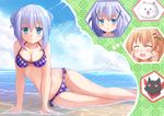  alternate_hairstyle angora_rabbit animal arm_support ass_visible_through_thighs beach bikini blue_eyes blue_hair blush breasts bunny cleavage cloud crossover day daydream double_bun gochuumon_wa_usagi_desu_ka? hair_ornament hairclip hands_on_own_cheeks hands_on_own_face heart heart_eyes highres hoto_cocoa kafuu_chino kazenokaze leaning long_hair looking_at_viewer medium_breasts multiple_girls nichijou ocean older parted_lips partially_submerged pink_bikini plaid plaid_bikini purple_hair sakamoto_(nichijou) side-tie_bikini sitting sky swimsuit tippy_(gochiusa) water x_hair_ornament yokozuwari 