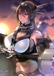  bare_shoulders blush breasts brown_hair cannon cleavage_cutout elbow_gloves evening fingerless_gloves gloves hair_between_eyes headgear japanese_clothes kantai_collection large_breasts long_hair looking_at_viewer midriff mugenshiki nagato_(kantai_collection) red_eyes solo sunset weapon 