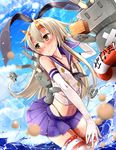  anchor bent_over bikini bikini_under_clothes black_panties blonde_hair blurry blush elbow_gloves giji_eizan gloves hair_ornament hairband headband highres innertube kantai_collection lifebuoy long_hair looking_back ocean panties rensouhou-chan robot setsubun shimakaze_(kantai_collection) skirt smile splashing striped striped_legwear swimsuit swimsuit_under_clothes thighhighs thong_bikini underwear water wet wet_clothes white_gloves 