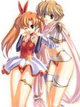  ;d blonde_hair breasts bridal_gauntlets brown_eyes green_eyes hands_on_another's_shoulders hands_on_another's_wrists langrisser langrisser_iii leotard light_smile medium_breasts multiple_girls navel one_eye_closed open_mouth orange_hair red_leotard short_hair small_breasts smile sophia_(langrisser) thighlet tiaris_(langrisser) twintails uchiu_kazuma 