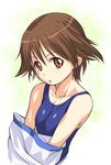  brown_eyes brown_hair kouda_tomohiro looking_at_viewer miyafuji_yoshika open_mouth school_swimsuit short_hair solo strike_witches swimsuit undressing world_witches_series 