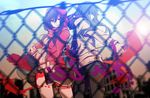  1girl aki663 black_hair cityscape daze_(kagerou_project) fence green_hair hair_ornament hairclip highres hood hoodie kagerou_project kido_tsubomi long_hair paint_can paint_roller red_eyes spray_can tateyama_ayano 