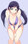  aqua_eyes between_legs bikini blue_background blush breast_squeeze breasts cleavage hand_between_legs large_breasts leaning_forward long_hair looking_at_viewer love_live! love_live!_school_idol_project low_twintails o-ring o-ring_top purple_hair sasamori_tomoe side-tie_bikini simple_background smile solo swimsuit toujou_nozomi twintails 