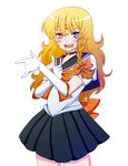  :d amazon_(taitaitaira) ascot back_bow bishoujo_senshi_sailor_moon black_skirt blonde_hair blue_eyes blush bow braid choker cosplay elbow_gloves gloves hair_ribbon highres kirisame_marisa long_hair looking_at_viewer magical_girl open_mouth orange_bow pleated_skirt pointing pointing_up ribbon sailor_collar sailor_senshi_costume sailor_senshi_uniform shadow side_braid simple_background single_braid skirt smile solo star tiara touhou tress_ribbon tsuki_ni_kawatte_oshioki_yo white_background white_gloves 