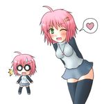  blush breasts chibi green_eyes large_breasts miniskirt multiple_views o_o one_eye_closed open_mouth original pink_hair shirt short_hair skirt sweatdrop thighhighs yani_tama 