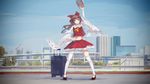  arm_up armpits ascot blue_sky book bow brown_eyes brown_hair city detached_sleeves hair_bow hair_tubes hakurei_reimu hand_on_hip highres holding_up jq long_hair long_sleeves looking_at_viewer midriff navel open_mouth real_world_location rolling_suitcase shirt skirt skirt_set sky smile solo thighhighs tokyo_(city) touhou white_legwear wide_sleeves zettai_ryouiki 