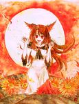  animal_ears bare_shoulders breasts brown_hair collarbone dress fingernails full_moon highres imaizumi_kagerou jewelry long_hair long_sleeves looking_at_viewer medium_breasts momoko_(pixiv219000) moon open_mouth red_eyes solo touhou wolf_ears 