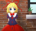  :&gt; arms_behind_back blonde_hair blue_eyes bow bowtie brick_wall distortion frilled_shirt frilled_shirt_collar frills hair_ribbon long_skirt looking_to_the_side medicine_melancholy plant potted_plant puffy_short_sleeves puffy_sleeves ribbon ribbon_trim shirt short_hair short_sleeves skirt solo tareme teoi_(good_chaos) touhou window 