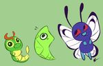  antennae arthropod blue_eyes butterfree caterpie cute doodle evolution grass green_background green_eyes group insect melissar1 metapod nintendo plain_background pok&#233;mon pok&eacute;mon sharp_teeth shell sketch smile teeth video_games wings 