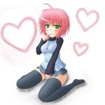  blush breasts finger_to_mouth green_eyes large_breasts looking_at_viewer miniskirt original pink_hair shirt short_hair sitting skirt solo thighhighs wariza yani_tama 