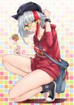  1girl admiral_graf_spee_(azur_lane) azur_lane backwards_hat bag bangs bare_legs baseball_cap bespectacled black_bow black_footwear black_hat blue_eyes blush bow breasts candy clothes_writing collarbone drawstring eyebrows_visible_through_hair food full_body glasses hair_bow hand_up hat highres hood hood_down hoodie lollipop looking_at_viewer mouth_hold multicolored_hair one_knee oshishio red_hair red_hoodie sanpaku shadow shoes short_hair shoulder_bag sidelocks silver_hair small_breasts sneakers solo streaked_hair swirl_lollipop thighs wristband yellow-framed_eyewear 
