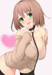  black_legwear blush breasts brown_hair cardigan cleavage collar finger_to_chin green_eyes large_breasts leash looking_at_viewer naked_cardigan off_shoulder open_mouth original ratsuku_kinoko short_hair simple_background smile solo thighhighs tongue tongue_out 