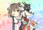  2_fuel_4_ammo_11_steel ;q antenna_hair brown_eyes brown_hair double_bun get gloves heart kantai_collection leaning_forward naka_(kantai_collection) one_eye_closed salute short_hair sky_(freedom) solo tongue tongue_out 
