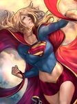  1girl alien blonde_hair blue_eyes cape dc_comics female flying kara_zor-el kryptonian midriff red_cape reza_kabir s_shield sky solo supergirl superman_(series) 