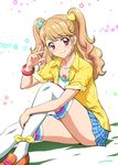  aikatsu! aikatsu!_(series) blonde_hair blush casual joy_ride long_hair looking_at_viewer natsuki_mikuru red_eyes sitting skirt smile thighhighs two_side_up 