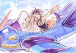  aerosmith_(stand) aircraft airplane bad_id bad_pixiv_id black_hair choker closed_eyes headband jojo_no_kimyou_na_bouken mapi narancia_ghirga open_mouth short_hair smile stand_(jojo) waving 