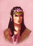  black_hair clothed clothing ear_piercing elf flower flower_crown girly grey_eyes hair long_hair male mammal mutisija piercing plain_background pointy_ears solo 