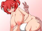  1boy 1girl absurdres areolae breasts doku_corne fat hair_bobbles hair_ornament highres huge_breasts long_breasts nipples nude onozuka_komachi open_mouth plump pointy_breasts puffy_nipples red_eyes red_hair short_hair short_twintails sitting sitting_on_face sitting_on_person solo_focus sweat touhou twintails 