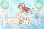  anklet barefoot bracelet brown_hair flower hair_flower hair_ornament hairband idolmaster idolmaster_cinderella_girls jewelry long_hair mizumoto_yukari reflection sitting skirt solo stairs toufuu yellow_eyes 