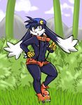  boots cat clothed clothing collar dark_fur feline girly gloves grass half_naked hat heatstrokecat hot_pants klonoa long_ears looking_at_viewer male mammal shorts skimpy solo suspenders unzipped wide_hips 