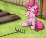  cutie_mark earth_pony equine eyes_closed female feral friendship_is_magic fur grass hair horse mammal my_little_pony otakuap ouch outside pink_fur pink_hair pinkie_pie_(mlp) pony rake sitting solo 