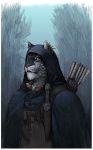  anthro arrow blue_eyes cloak clothed clothing dagger dungeons_&amp;_dragons ear_piercing feline fur grey_fur hood male mammal melee_weapon multiple_piercings piercing quiver sheathed_weapon solo striped_fur stripes tabaxi talon_scald vagelio weapon whiskers white_fur 
