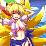  adapted_costume alternate_hairstyle animal_ears arms_up bad_id bad_pixiv_id ball blonde_hair blue_skirt breasts carrying_overhead fox_ears highres impossible_clothes multiple_tails nanahi_toshi navel no_bra ocean one_eye_closed open_clothes open_shirt orange_eyes ponytail puffy_short_sleeves puffy_sleeves shirt short_sleeves side_slit skirt skirt_set sky smile solo sweat tail touhou wide_hips yakumo_ran 