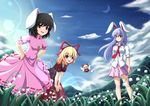  animal_ears bending_forward black_hair blonde_hair blouse blue_eyes blue_hair blue_sky bow bunny_ears bunny_tail carrot_necklace cloud crescent_moon day dress dress_shirt fairy_wings flower flying hair_bow hair_ribbon hands_on_hips hands_on_own_knees inaba_tewi jewelry lens_flare lily_of_the_valley long_hair looking_at_viewer medicine_melancholy moon mountain multiple_girls necktie open_mouth pendant pink_dress pleated_skirt red_eyes red_neckwear reisen_udongein_inaba ribbon shirt short_hair short_sleeves skirt sky sleeves_rolled_up smile star_(sky) starry_sky su-san tail touhou wind wings zqhzx 
