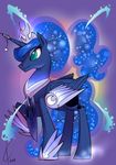  armor blue_eyes blue_fur blue_hair blue_theme crown cutie_mark equine eyeshadow female friendship_is_magic fur glowing hair horn jewelry makeup mammal my_little_pony portrait princess_luna_(mlp) solo sparkles teal_eyes valcron winged_unicorn wings 