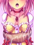  alternate_breast_size bdsm blush bondage bound breasts choker doughnut food head_out_of_frame icing kaname_madoka lips magical_girl mahou_shoujo_madoka_magica maullarmaullar open_mouth sexually_suggestive shiny shiny_skin small_breasts solo suggestive_fluid 