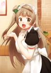  :d apron bad_id bad_pixiv_id bow brown_eyes brown_hair hair_bow hand_on_own_chest kamiyama_aya long_hair looking_at_viewer love_live! love_live!_school_idol_project maid maid_apron maid_headdress minami_kotori one_side_up open_mouth outstretched_hand smile solo 
