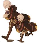  1girl :d book boots brown_eyes child female_my_unit_(fire_emblem:_kakusei) fire_emblem fire_emblem:_kakusei grin hair_between_eyes happy height_difference hood hooded_jacket jacket knee_boots long_sleeves looking_down mark_(fire_emblem) mark_(male)_(fire_emblem) mother_and_son my_unit_(fire_emblem:_kakusei) open_mouth pants paper pararade purple_eyes running short_hair size_difference sleeves_past_wrists smile white_background white_hair younger 