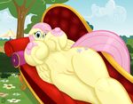  absurd_res anjuneko anthro anthrofied badgerben big_breasts blue_eyes breasts cutie_mark equine female fluttershy_(mlp) friendship_is_magic fur hair hi_res huge_breasts hyper hyper_breasts looking_at_viewer mammal my_little_pony nipples outside pegasus pink_hair pussy sofa solo wings yellow_fur 