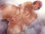  1girl blush breasts butcha-u censored dark_skin eroquis fingering hyouryuu_kangoku_chronos large_breasts lilith-soft masturbation nipples nude pussy_juice red_hair shower silvia_(chronos) solo steam wet 