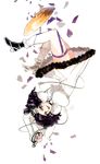  apu arrancar bleach boots cirucci_sanderwicci dress facial_mark garter_straps highres lipstick makeup purple_eyes purple_hair purple_lipstick short_dress short_hair short_twintails solo twintails upside-down whip 