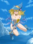  1girl black_magician_girl blonde_hair blush blush_stickers boots compression_artifacts covering dark_magician_girl dissolving_clothes facial_marks green_eyes hat jpeg_artifacts love_(pspdspsp) nude outdoors solo sweatdrop wand yu-gi-oh! yuu-gi-ou_duel_monsters 
