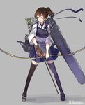  1girl arrow bow_(weapon) brown_eyes brown_hair grey_background highres kaga_(kantai_collection) kantai_collection looking_away muneate personification quiver short_hair side_ponytail simple_background skirt solo standing sumisu_(mondo) thighhighs twitter_username weapon 