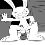  anal anal_insertion anal_penetration balls dildo dildo_sitting erection grin humanoid_penis insertion jerseydevil lagomorph lucasarts male mammal max monochrome penetration penis rabbit sam_and_max sex_toy shaking sitting solo 