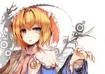  alice_margatroid blonde_hair blue_eyes brooch capelet gears hairband highres jewelry lolita_hairband long_sleeves looking_at_viewer open_mouth puppet_rings puppet_strings ribbon short_hair solo touhou upper_body venomrobo white_background 