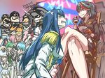  5girls blonde_hair blue_eyes blue_hair crossed_arms crossed_legs drink epaulettes fingerless_gloves frown gamagoori_ira gloves green_hair grin hat inumuta_houka jakuzure_nonon junketsu kill_la_kill kiryuuin_satsuki legs long_hair mankanshoku_barazou mankanshoku_mako mankanshoku_matarou mankanshoku_sukuyo matoi_ryuuko multiple_boys multiple_girls open_mouth role_reversal sanageyama_uzu senketsu short_hair shorts siozirinootaku21 sitting smile teeth very_long_hair 