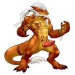  2014 abs barefoot beard biceps claws dragon facial_hair fur genital_slit hair hennex hi_res horn knot long_hair male manly muscles nude orange_dragon original_character pecs ponytail rollwulf sharp_claws sharp_teeth solo spikes standing teeth toe_claws 