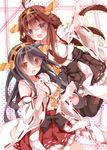  :d ahoge black_eyes black_hair blush boots brown_eyes brown_hair detached_sleeves hair_bun hair_ornament hairband haruna_(kantai_collection) kantai_collection kongou_(kantai_collection) long_hair mogu_(au1127) multiple_girls nontraditional_miko open_mouth pointing ribbon-trimmed_sleeves ribbon_trim smile thigh_boots thighhighs v-shaped_eyebrows 