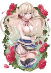  bare_shoulders black_legwear blonde_hair blue_eyes boots detached_sleeves flower fur_trim hair_between_eyes long_hair low_twintails original petals rapier ray-akila rose skirt solo sword thigh_boots thighhighs twintails very_long_hair weapon 