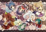  animal_ears blue_eyes blue_hair brown_eyes brown_hair chibi dress earmuffs flower futatsuiwa_mamizou glasses green_eyes green_hair grey_hair grin hair_rings hat japanese_clothes kaku_seiga kariginu kasodani_kyouko leaf leaf_on_head miyako_yoshika mononobe_no_futo multiple_girls one_eye_closed open_mouth pince-nez pointy_hair ponytail raccoon_ears raccoon_tail ritual_baton sen1986 sharp_teeth smile soga_no_tojiko tail tate_eboshi teeth ten_desires touhou toyosatomimi_no_miko white_hair 