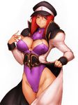  blue_eyes breasts cameltoe cleavage cleavage_cutout corset covered_nipples forte_stollen fumio_(rsqkr) galaxy_angel gem hat high_collar large_breasts leotard long_coat long_sleeves monocle puffy_long_sleeves puffy_sleeves purple_leotard red_hair revealing_clothes short_hair smile solo 